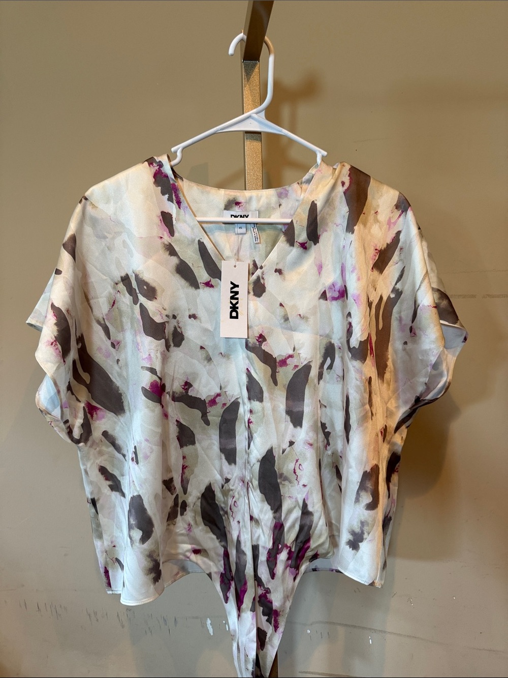 DKNY White Satin Floral Tie-Front Blouse with Gray and Plum Accents
